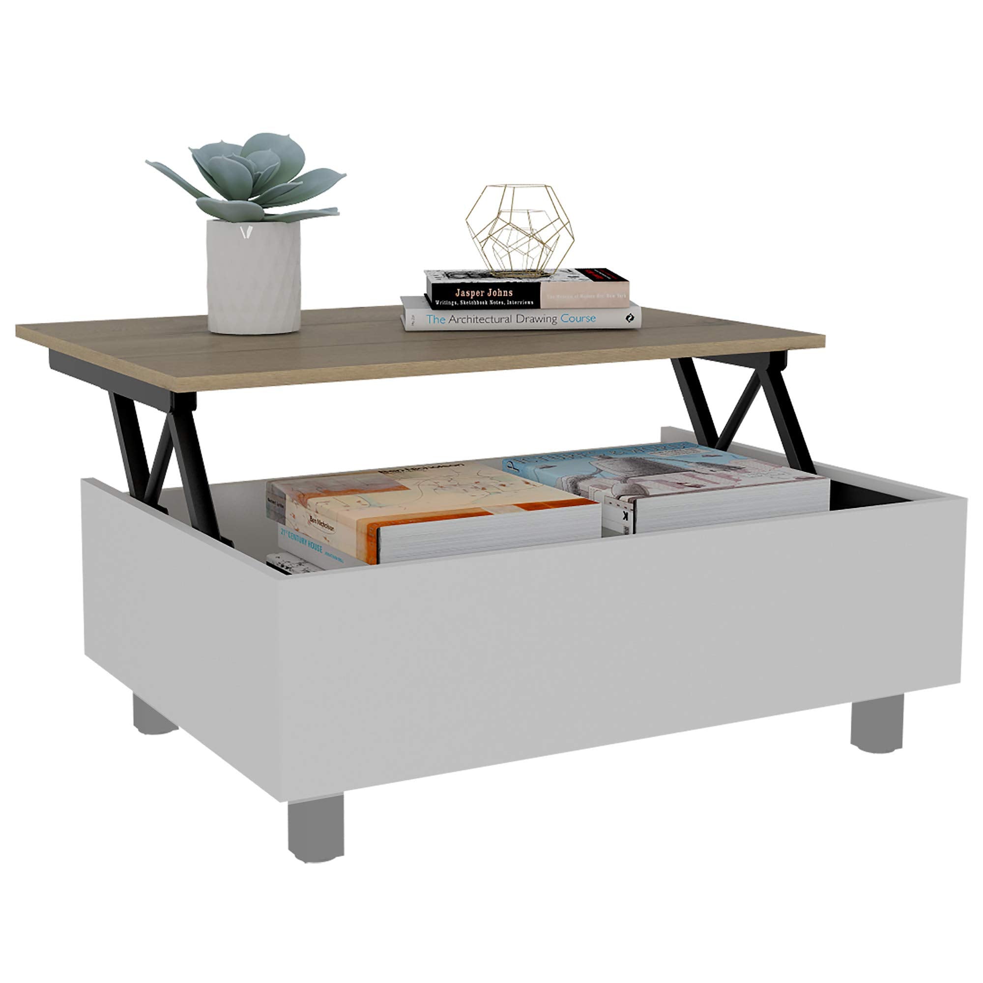 Aran Lift Top Coffee Table, Storage Compartment, White/Light Oak